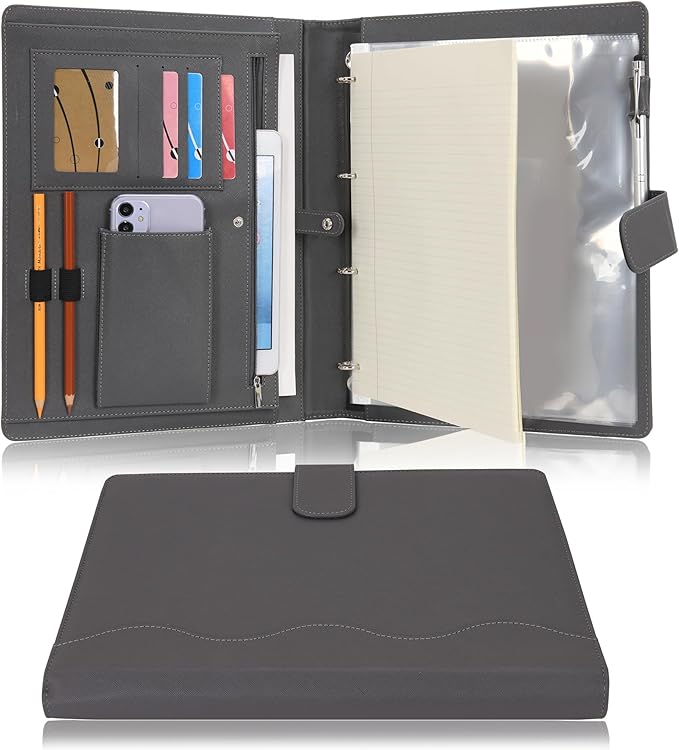 Wonderpool A4 PU Leather 3 & 4 Ring Holder Writing Portfolio Multi Document Case with Removable Binder Clipboard and Functional Pocket for Organizer Office Travel School (Grey)