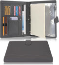 Wonderpool A4 PU Leather 3 & 4 Ring Holder Writing Portfolio Multi Document Case with Removable Binder Clipboard and Functional Pocket for Organizer Office Travel School (Grey)