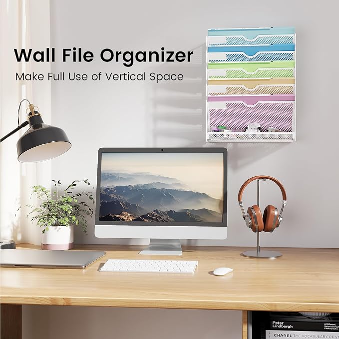 Hanging Wall File Organizer 6-Tier Wall Mount Mail Organizer | Desk Paper Organizer, Sleek White Metal File Folder Holder for Office, Cubicle, Bedroom | All-in-One Document Storage Shelf