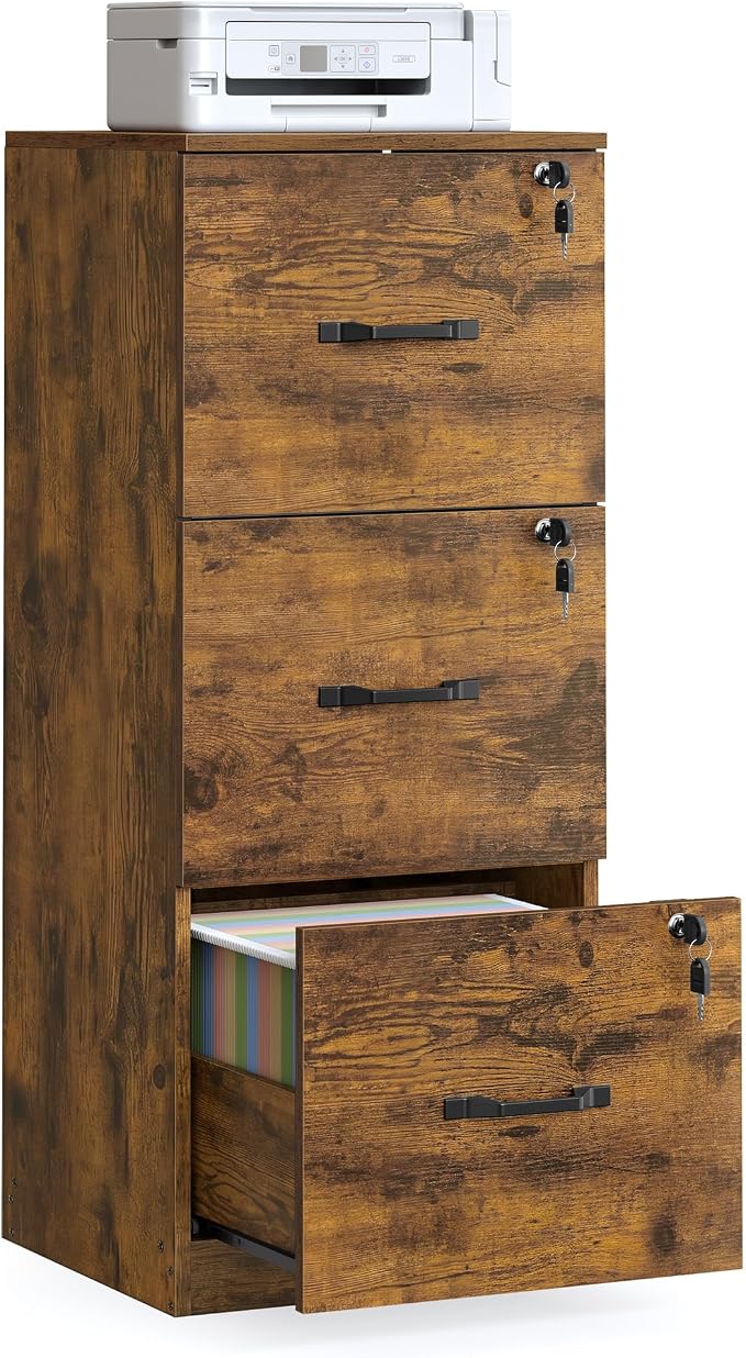 VASAGLE File Cabinet, 3 Drawer Filing Cabinet for Home Office, with Locks, for A4, Letter Sized Documents, Hanging File Folders, Rustic Brown UOFC055K101S