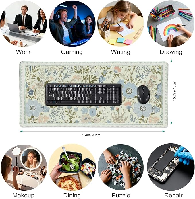 Sage Green Floral XXL Desk Pad, Extra Large Mouse Pad with Anti-Slip Base & Stitched Edges, Desk Mat for Keyboard and Mouse, Aesthetic Office Decor & Desk Accessories for Women, Home & Office