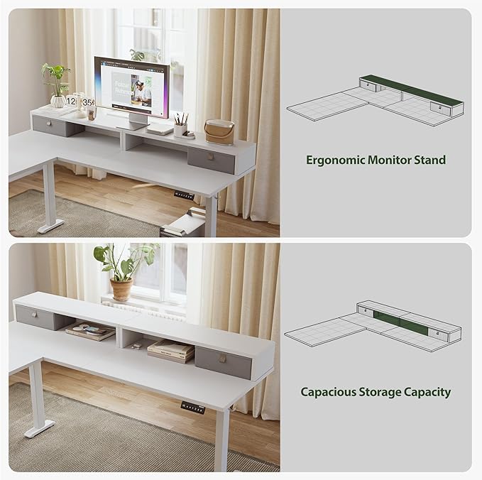 Agilestic 63 Inch L Shaped Electric Standing Desk with Drawer, White | 2 Stroage Drawers, Monitor Shelf, Corner Desk, Ample Workspace, Memory Presets, Hooks, Stable Steel Frame,176 lbs