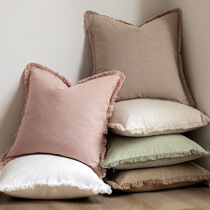 Foindtower Set of 2 Decorative Linen Fringe Throw Pillow Covers Boho Farmhouse Cushion Cover with Tassels Soft Accent Pillowcase for Couch Chair Sofa Bed Living Room Home Decor,18×18 Inch,Light Pink