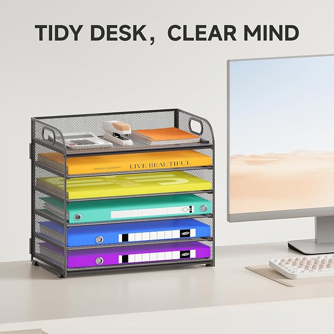 Cawukege 6 Tier Paper Organizer with Handle, Metal Desk Organizer Mesh Paper Letter Tray Desktop File Folder Document Sorter for Classroom, School, Office Accessories Storage (1, 6 Tier - Gray)