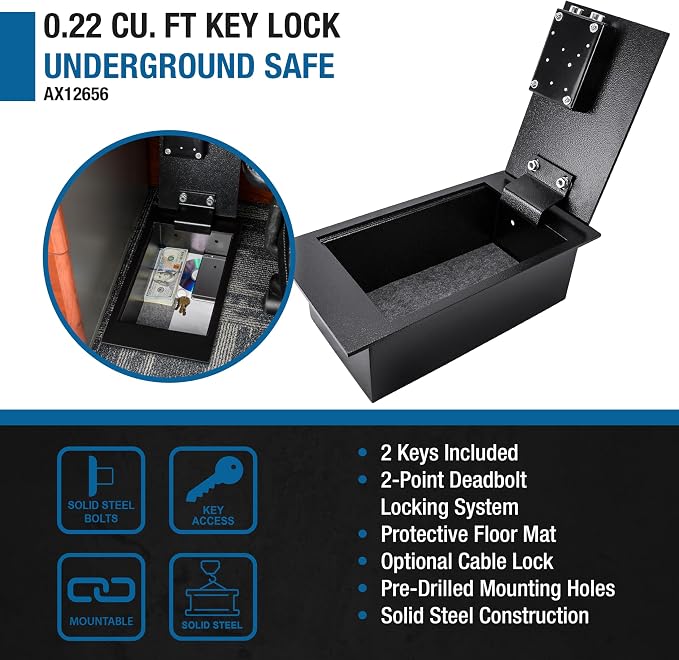 Barska 0.22 Cu. Ft. Hidden Floor Safe with Key Lock Solid Steel Construction, Concealed Design, Dual Locking Bolts Secure Storage for Home, Business, Jewelry, Cash & Valuables | Solid steel construction with key entry and deadbolts for cash, jewelry an...