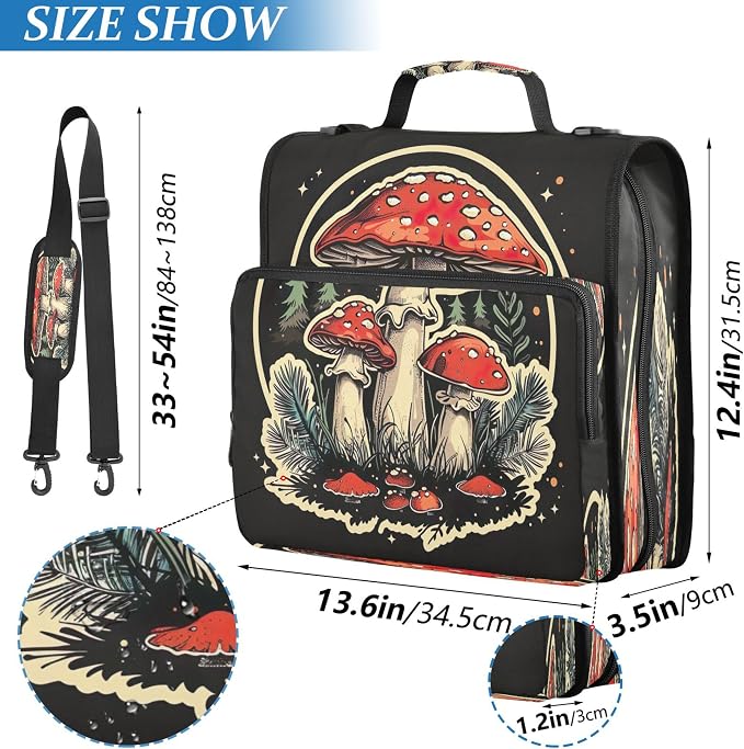 3 Ring Zipper Binder Red Mushroom Binder Organizer Portfolio with File and Shoulder Strap & Handle Large Capacity File Folder