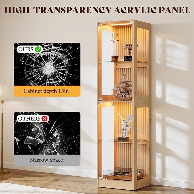 AMERLIFE 16-Inch RGB Display Cabinet | 70 H x 16 W x 16 D In, 4-Tier Storage, Adjustable Shelves, RGB LED Lights, for Collectibles, Wood-Grain Slatted Finish