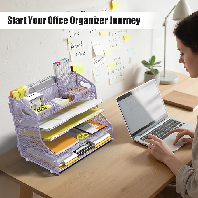 YINGHUA 5-Tier Mesh Desk Organizer, Letter Tray - Purple | Sturdy steel mesh with 3 sliding trays, 2 handles, 6 adjustable top sections. U-shaped design for easy access to office files