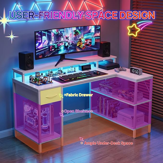 Alpen Computer Desk, L Shaped Desk for Gaming, Home Office Desk with LED Lights, Reversible Corner Desk with Shelves and Drawer, PC Desk for Living Room, Bedroom, 53 Inch, White
