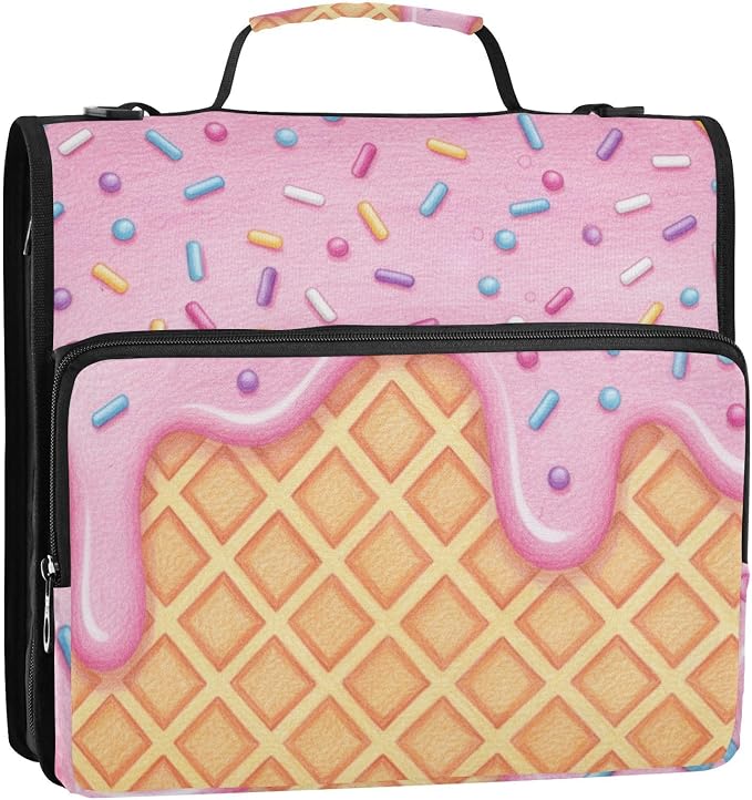ALAZA Zipper Binder 3 Ring Pink Ice Cream of Waffles Binder Organizer with Zipper and Shoulder Strap Large Capacity Multi-Pocket Trapper Keeper File Folder for Office Supplies