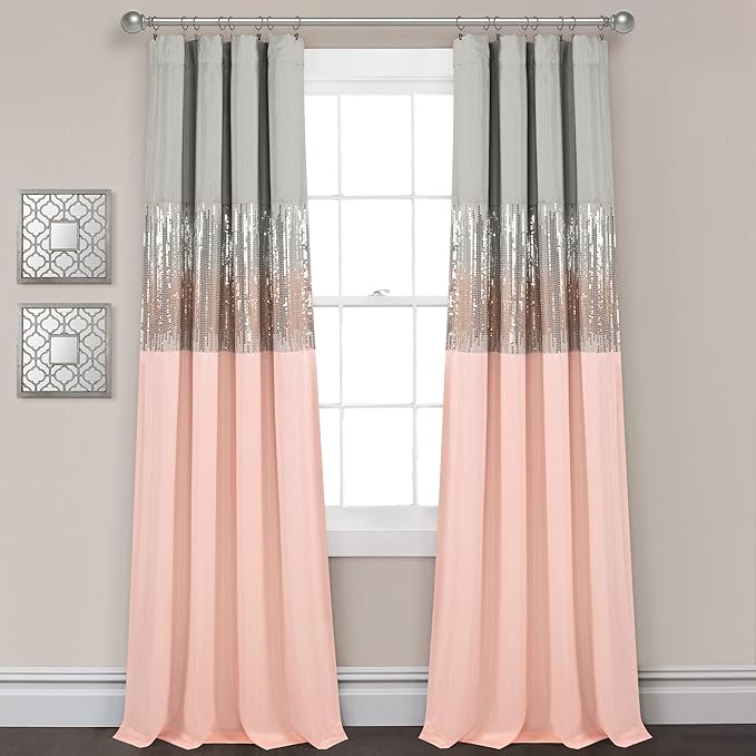 Lush Decor Night Sky 100% Blackout Window Curtain Panel Single 42"W x 84"L, Gray & Blush - Blackout Curtains For Bedroom - Sequin Curtains - Glam Decor