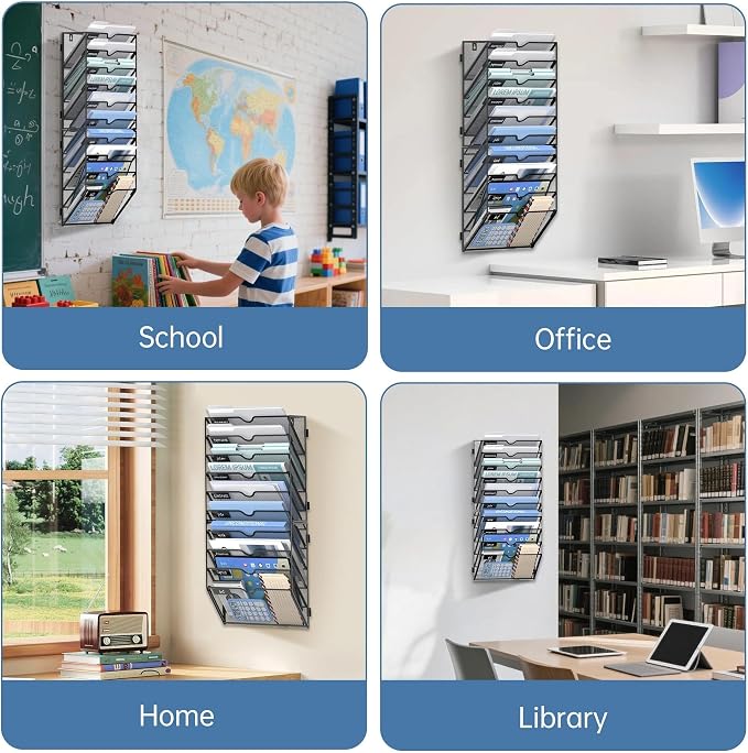 10 Tier Wall File Organizer Office Hanging Mail Holder Wall Mounted, Mesh Paper Document Organizer for Office Home School, Black | Wall Organizer and Wall Mounted File Holder with 10 Pockets and Label Panels for Files, Mail, Folders, Magazines and Paper