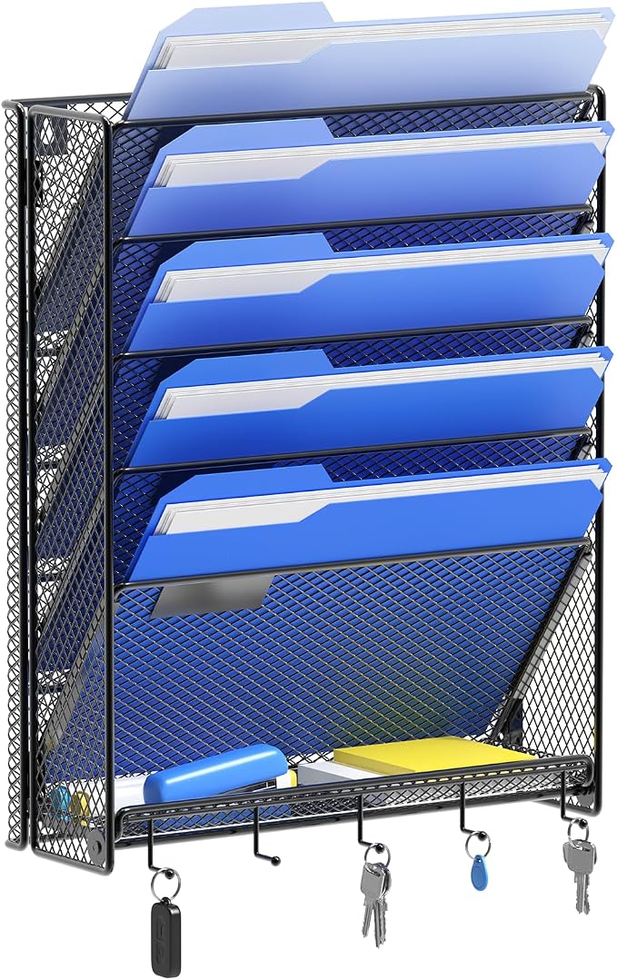 OUTWOLF Hanging Wall File Organizer with Hooks, 6 Tier Vertical Wall Mount File Holder, Paper Document Mail Organizer for Office