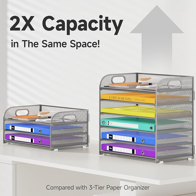 Cawukege 6 Tier Paper Organizer with Handle, Metal Desk Organizer Mesh Paper Letter Tray Desktop File Folder Document Sorter for Classroom, School, Office Accessories Storage (1, 6 Tier - Silver)