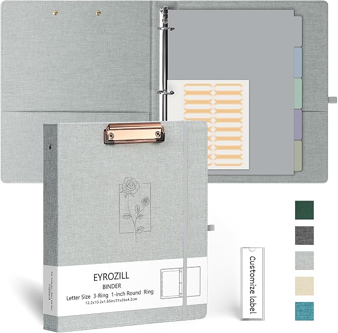EYROZILL 3 Ring Binder, 1 Inch Linen Binder Organizer for Letter Size (8.5" x 11") with 5 Tab Dividers, File Folder Labels and Low Profile Clipboards, School and Office Supplies- Grey Rose