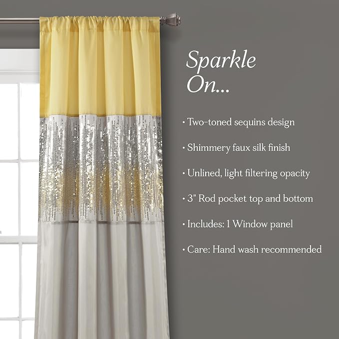 Lush Decor Night Sky Window Curtain Panel, Single 100"W x 84"L Yellow & Gray - Sequin Backdrop Curtain - Extra Wide Curtains - Sliding Door Curtain