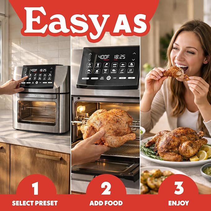 Gourmia Air Fryer - 14 Qt All-in-One Rotisserie Oven with Digital Display, 12 Presets, Roast, Bake, Broil, Dehydrate, Dishwasher Safe Accessories, Stainless Steel