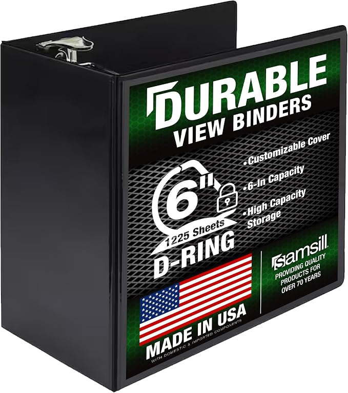 Samsill Durable 6 inch 3 Ring Binder, Locking D Ring Binder, Customizable Clear View Cover, Black, Holds 1225 Pages