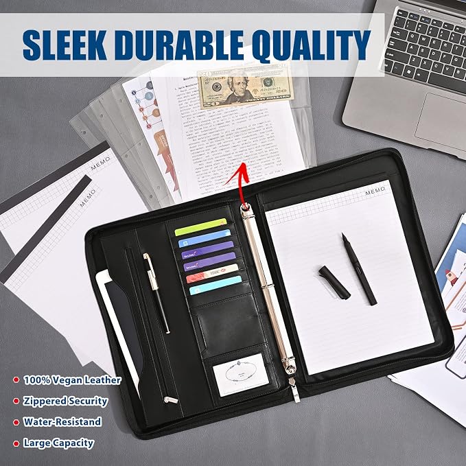 3-Ring Padfolio Portfolio Binder Organizer,PU Leather Folder Binder Business Planner Notebook Zippered Portfolio for Women/Men with Document Sleeve,Letter/A4 Size Clipboard