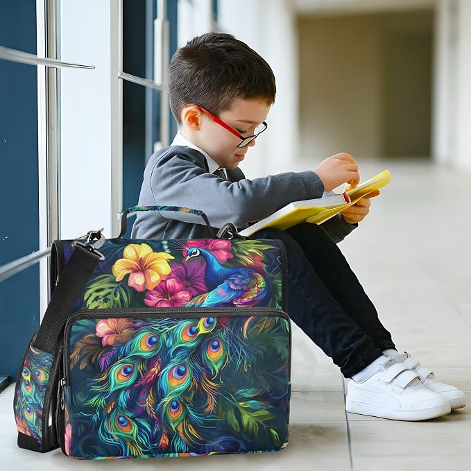Beautiful Peacock 3 Ring Zipper Binder with Handle 1.5 inch Binder Organizer Bag, Multi Pockets Office File Folder Bag with Shoulder Strap 500 Sheet Capacity