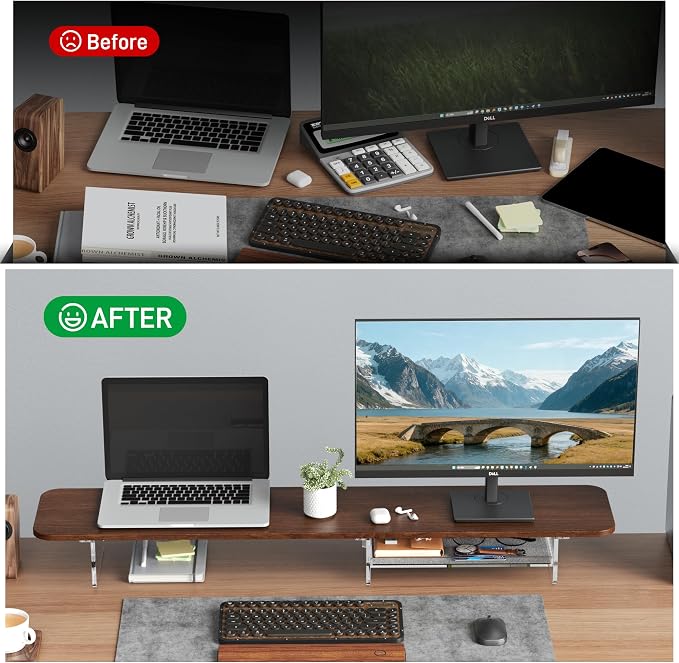 Dual Monitor Stand 43 Inch Extra Large Monitor Riser for Desk, Acrylic Clear Legs Desk Organizer Shelf with Felt Lining Storage Drawer, Compatible with Computer Laptop PC Printer Flat Screen TV
