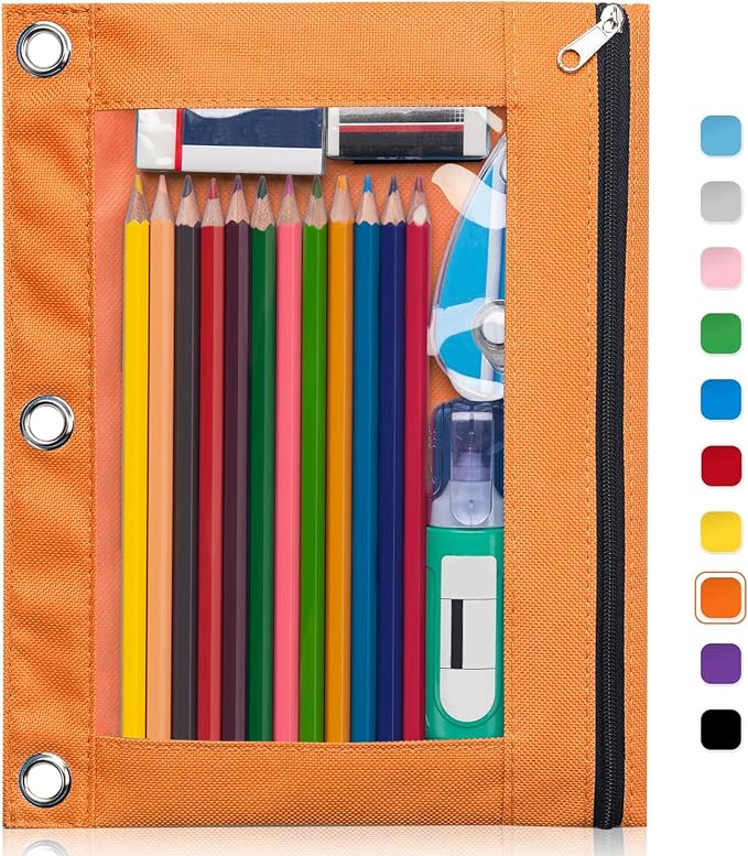 Forvencer 3 Ring Binder Pencil Pouch - Clear Window Pencil Case with Binder | Smooth Zipper, Big Capacity Pencil Bag with 3 Reinforced Grommets, Orange