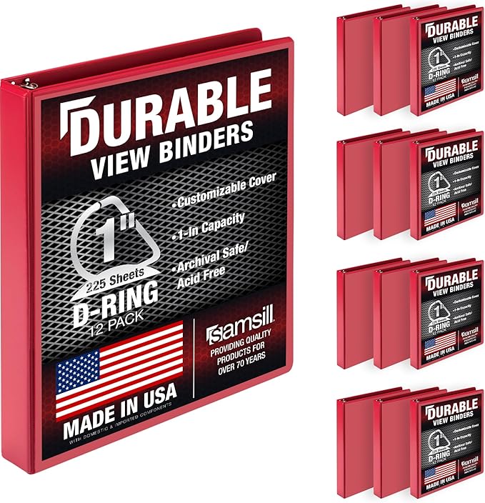 Samsill Durable 1 inch 3 Ring Binder, D Ring Binder, 100% Recycled Chipboard, Red, 12 Pack