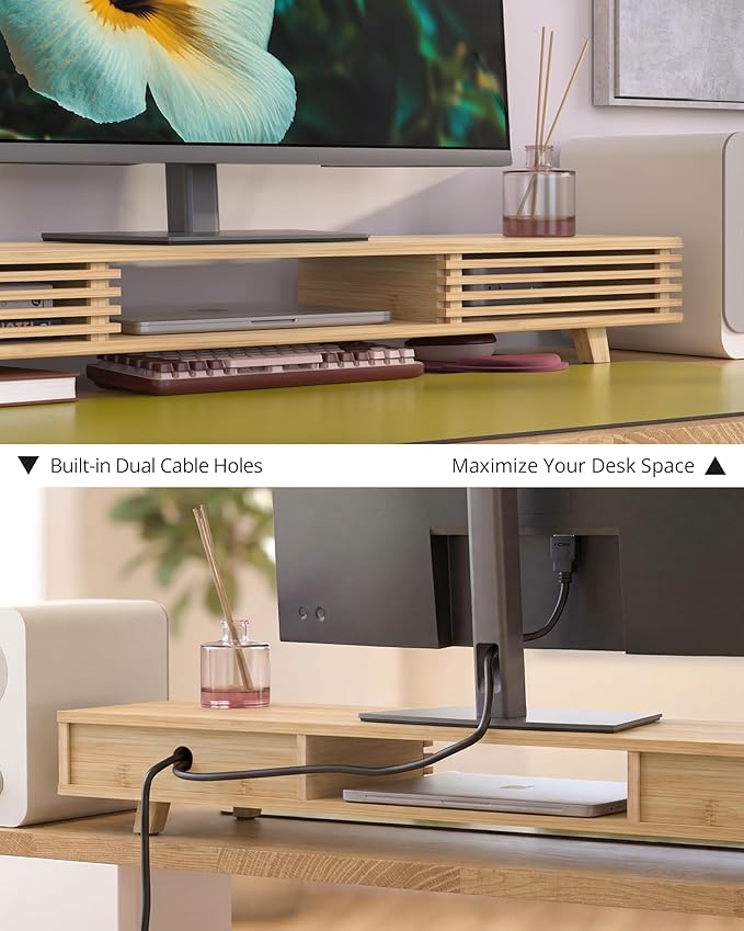 Bamboo 42” Dual Monitor Stand with Sliding Doors Desk Shelf | Ergonomic Relief Easy Assembly Solid Construction Cozy Workplace Computer Setup Desk Organizer High Load-bearing