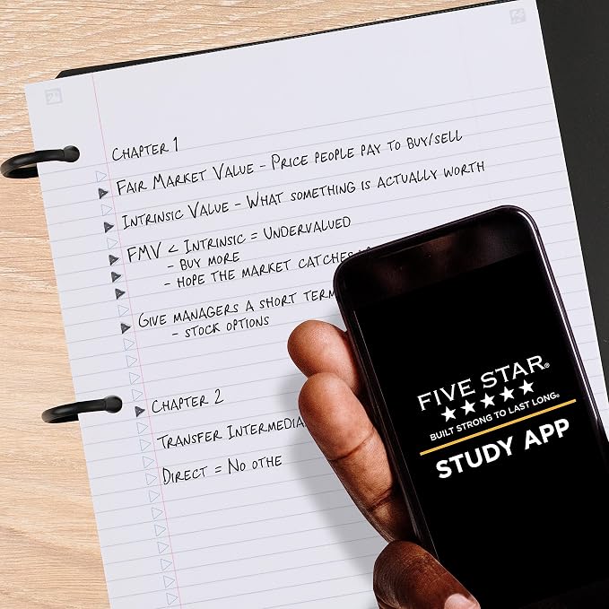 Five Star Flex Refillable Notebook + Study App,College Ruled Paper and 1 Inch TechLock Ring Binder with Customizable Cover,Pockets,Tabs and Dividers,200 Sheet Capacity,Black (29326AA2) (Pack of 6)