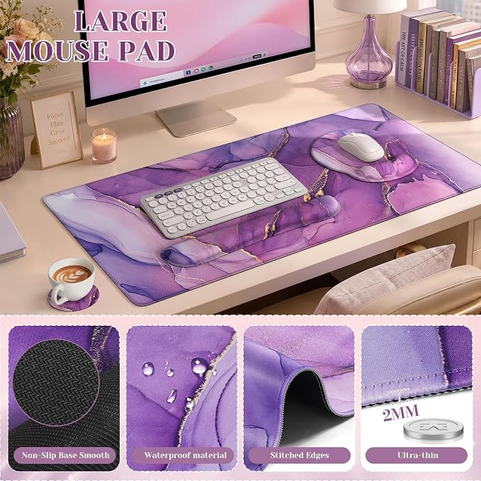 iCasso Purple Keyboard Mat 35.4"x15.7", Desk Blotter for Workspace | Mousepad Set with Wrist Support and Coaster Set, Cozy Desk Cover Set for Gaming Vanity Women Office Workspace Area