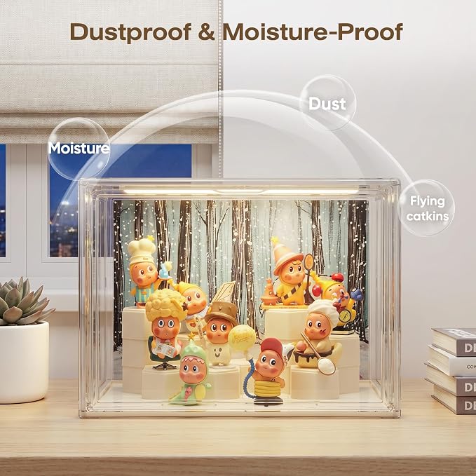 Clear Acrylic Display Cases for Collectibles with LED Light,DIY Scene, with Backdrop, No Dust , No Moisture, for Figures Collection Display Cabinet (36x23x27cm/ 14x 9x10.6 in)