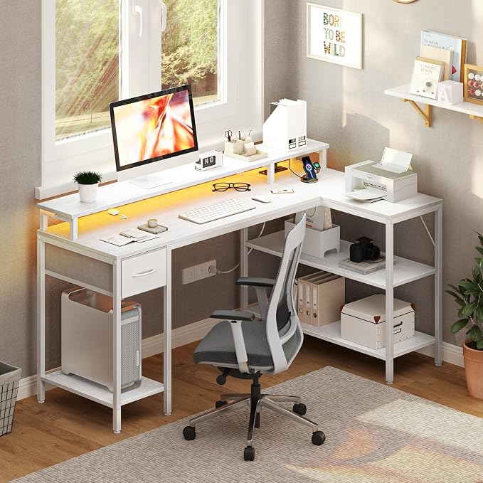 DUMOS 53 Inch Gaming Desk, L Shaped Desk, LED Lights | Monitor Stand, Storage Shelves, Computer Table, USB Charging Ports, Power Outlets, Small Spaces, White