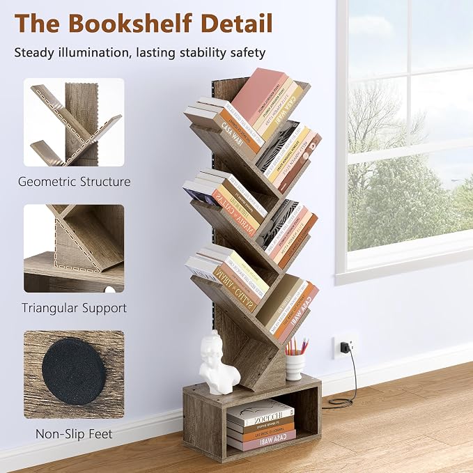 Hoctieon 6 Tier Tree Bookshelf, Tall Bookcase, Freestanding Book Shelf with LED Lights, Display Floor Standing Storage Shelf, Book Organizer Shelves for Home Office, Living Room, Greige