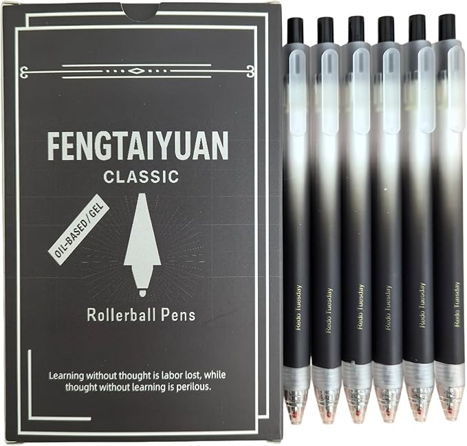 Fengtaiyuan Retractable Gel Pens, 0.5mm Bullet Point Fast Drying Black Ink, Frosted Gradient Triangular Ergonomic Barrel Writing Pens for School Exam Office Note Taking [Pack of 6]