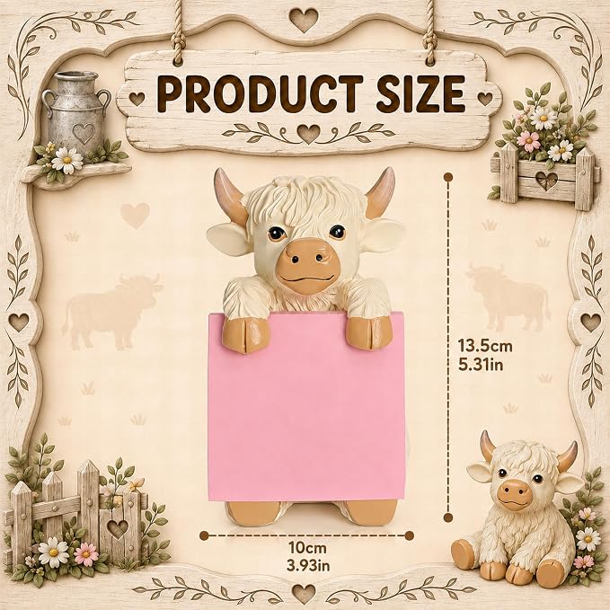 Highland Cow Pop-Up Sticky Note Dispenser for 3 x 3 in Notes, Beige | Includes 100 sheets, handmade resin desk decor for office, home or classroom, gift for teachers, coworkers and cow lovers