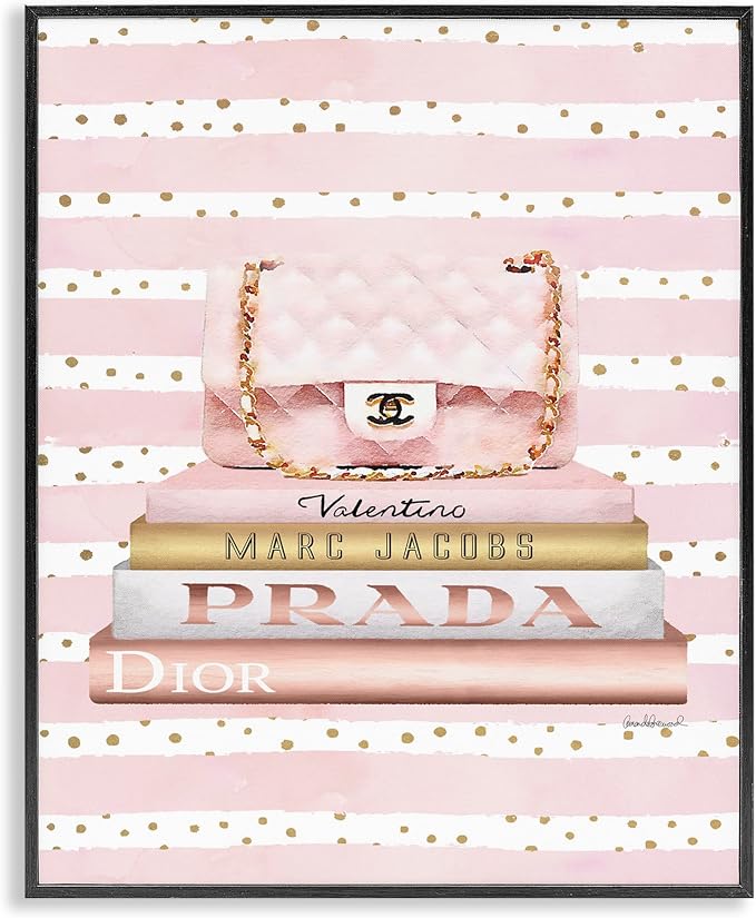 Stupell Industries 'Pink Purse Bookstack Over Stripes', Framed Giclee Art, Black, 11 x 14 Inches, Easy to Hang and Sturdy, Made in USA, by Amanda Greenwood