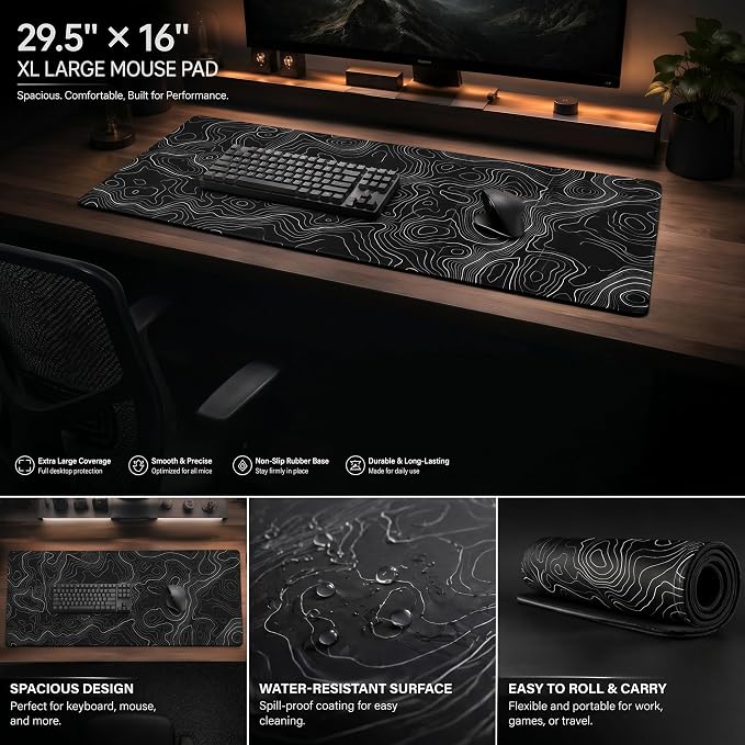 Extended Large Gaming Mouse Pad 29.5x16 Inch,Topographic Map Lines Desk Mat | Contour Geographic Background Design with Non-Slip Rubber Base, Large Mousepad for Gaming, Office, Laptop & Computer PC