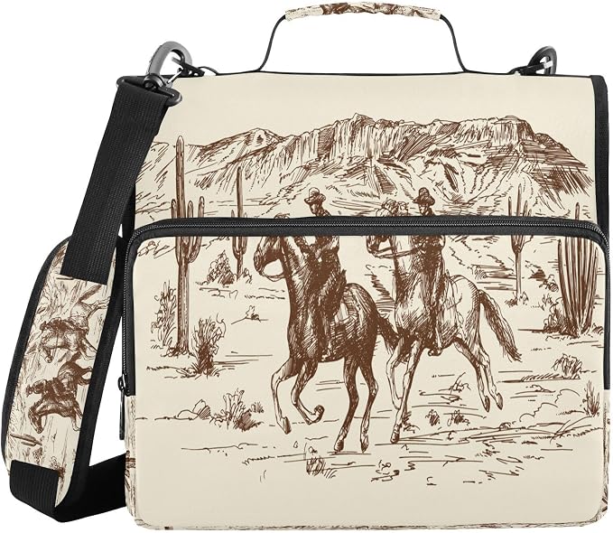 Western Cowboys Print Zipper Binder Bag 3 Ring with Shoulder Strap & Handle Multi Pocket Binder Organizer Bag Large Capacity for School Office Supplies