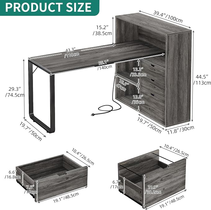 YITAHOME 55" L Shaped Corner Computer Desk with Drawers & Power, Grey | 3 Drawers, 3 Storage Shelves, Bookshelf, Power Outlets, LED Lights, File Cabinet, Easy Assembly