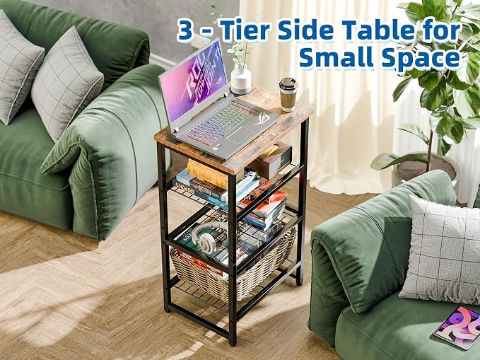 Industrial 3 Tier Printer Stand, Home Printer Wood Table with Wire Storage Shelf for Scanner Fax Machine, Heavy Duty Metal, Rustic Brown with Burly Wood Board