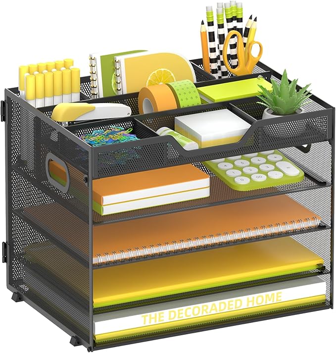 5 Tier Desk Organizer, Mesh Letter Tray Paper Organizer with 4 Adjustable Storage Compartments & Pen Holder, Metal Desk Accessories for Home Office School, Black