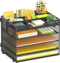 5 Tier Desk Organizer, Mesh Letter Tray Paper Organizer with 4 Adjustable Storage Compartments & Pen Holder, Metal Desk Accessories for Home Office School, Black