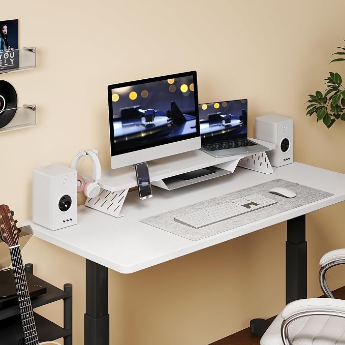 Fenge Dual Monitor Stand, Wooden Desk Shelf with Headphone & Phone Holder | 42.5" Monitor Riser with Storage Shelf, 2-Tier Monitor Shelf with Metal Leg for Home Office Organizer, White