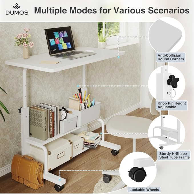 DUMOS Rolling Desk, Storage Shelves, Laptop Table, Home Office | Height Adjustable Design, Computer Desks on Wheels, Portable for Small Spaces Use, White