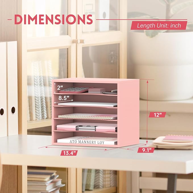 5 Tier Wood Desk Organizer, Mail Sorter and Paper Organizer for Desk, Pink | Wooden Desktop Organizer for Sorting Papers, Letters and Mails, Literature Organizer for Home Office, Classroom Organization