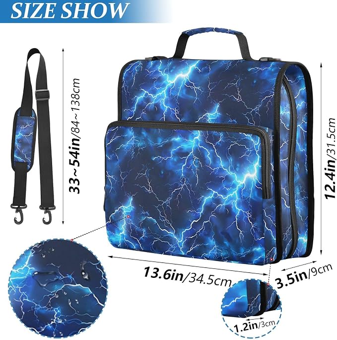 Blue Electric Lightning 3 Ring Binder Bag 1.5 inch Binder Organizer with Zipper Shoulder Strap 500 Sheet Documents Storage for School Office