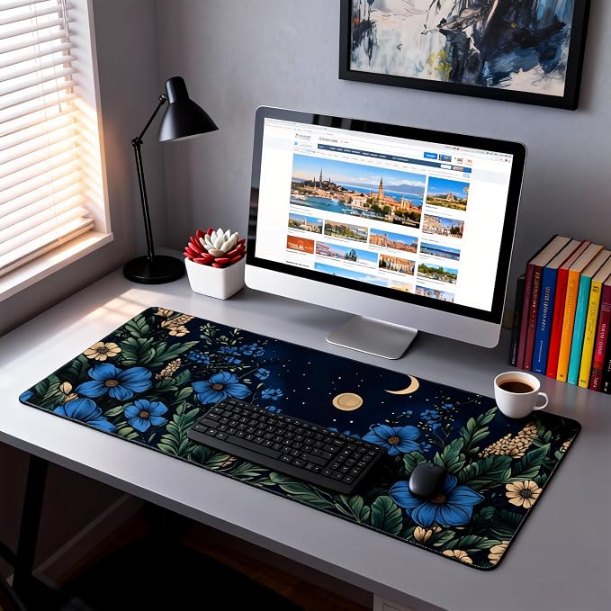 Floral Aesthetic Cosmos Gaming Mouse Pad, Black Blue Vintage Botanical Desk Mat with Anti-Slip Base & Stitched Edges,35.4" x 15.7" in Table Mat for Computer Desktop, Beautiful Workstation Decor
