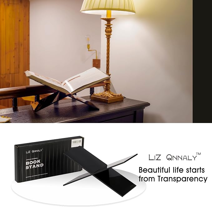 Large Clear Acrylic Book Stand - Perfect for Displaying Open Books on Your Coffee Table - Ideal for Bibles, Cookbooks, Magazines, Each with a Lucite Paperweight (Black-Large)