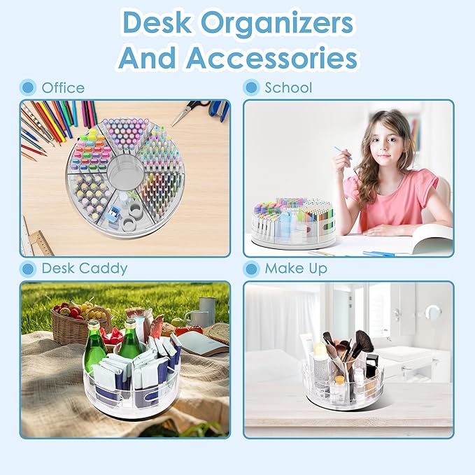 CraftGenes 2 Packs Pen Organizer for Desk - Acrylic Pen Holder with Hand Grips, 360° Extra Large Rotating Desk Organizer with 7 Removable Compartments for Office, Home, and Makeup Storage