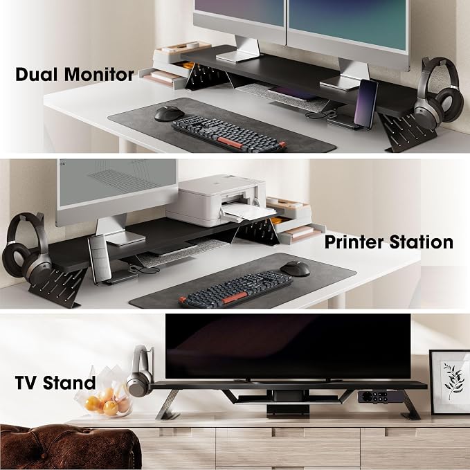 Fenge Dual Monitor Stand, Wooden Desk Shelf with Headphone & Phone Holder | 42.5" Monitor Riser with Storage Shelf, 2-Tier Monitor Shelf with Metal Leg for Home Office Organizer, Black